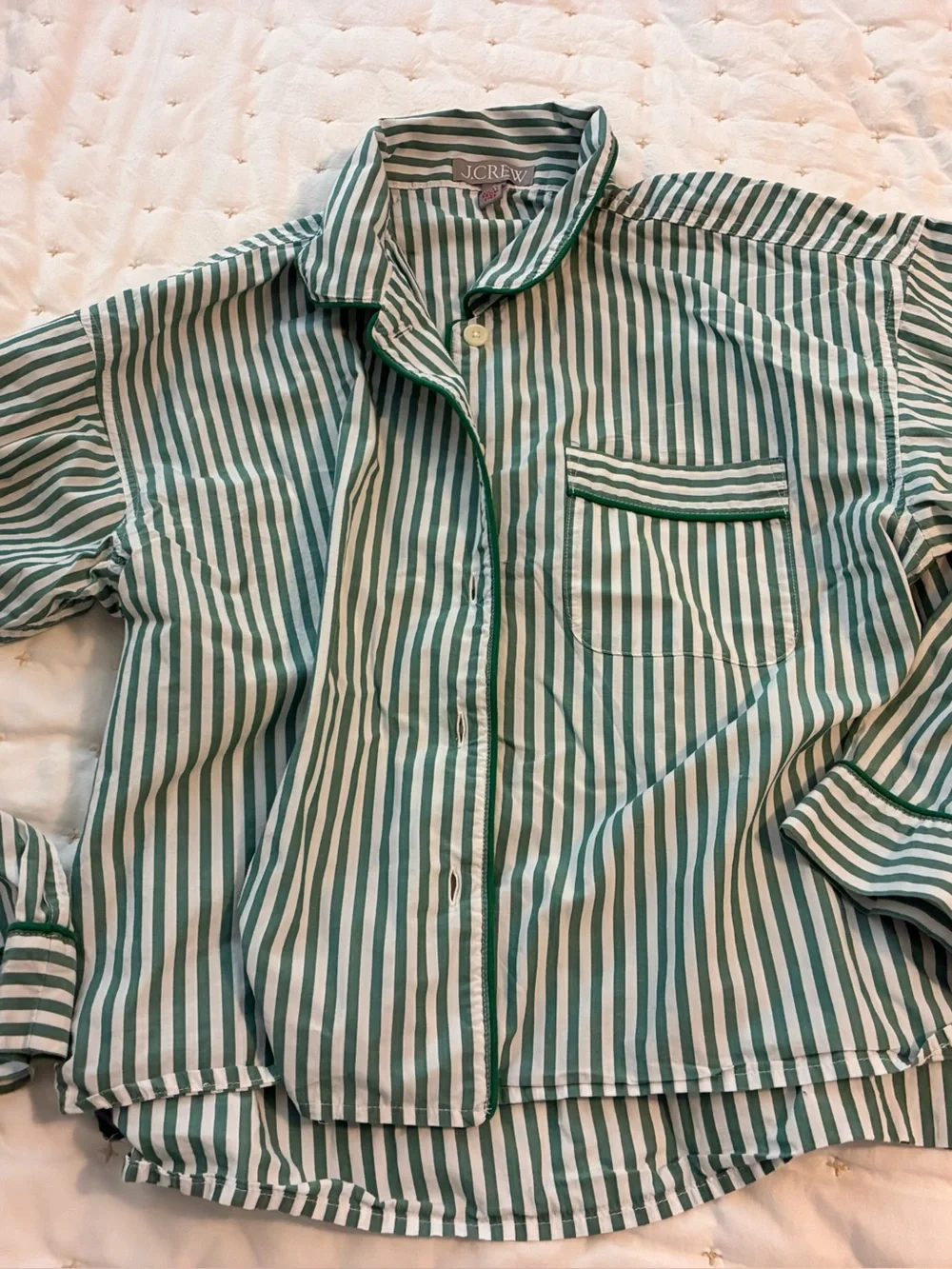 J. Crew Green and White Striped Button-Up Pajama Shirt